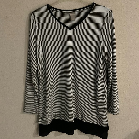 Chico's Long Sleeve Striped Tunic Black/White Sheer Trim Women’s Sz 8 Chico’s 1 - Picture 1 of 10